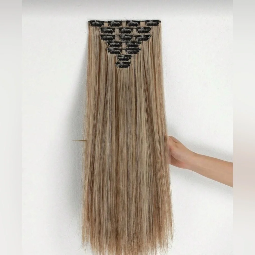 Human hair blend Light Brown With Light Blonde highlights Hair Extensions 24 in